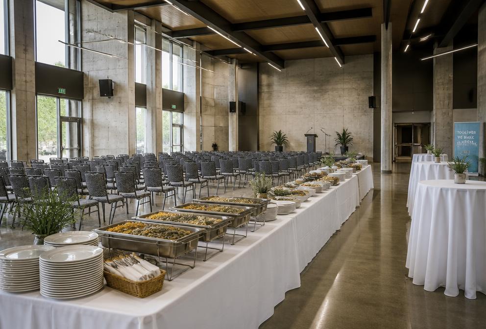 Buffet associatif installé dans une grande salle lumineuse