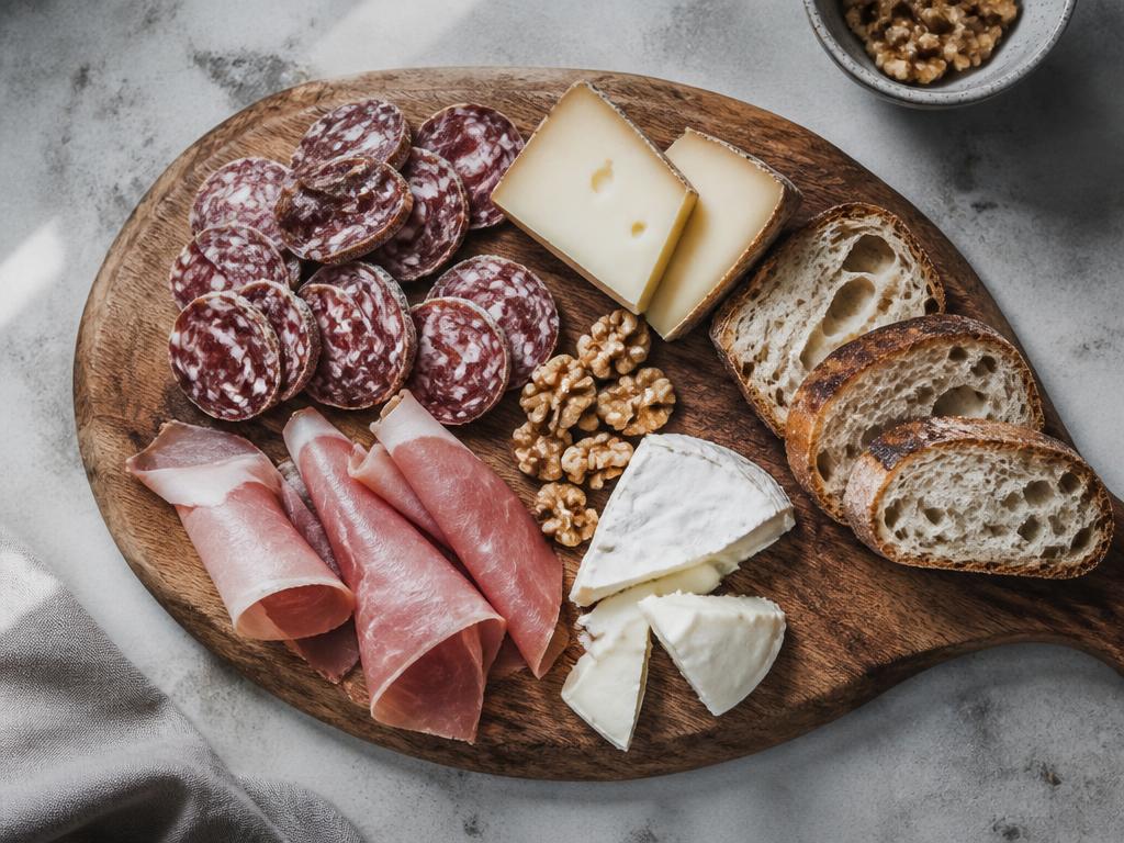 Planche de charcuteries fines, fromages affinés, noix et pain de campagne