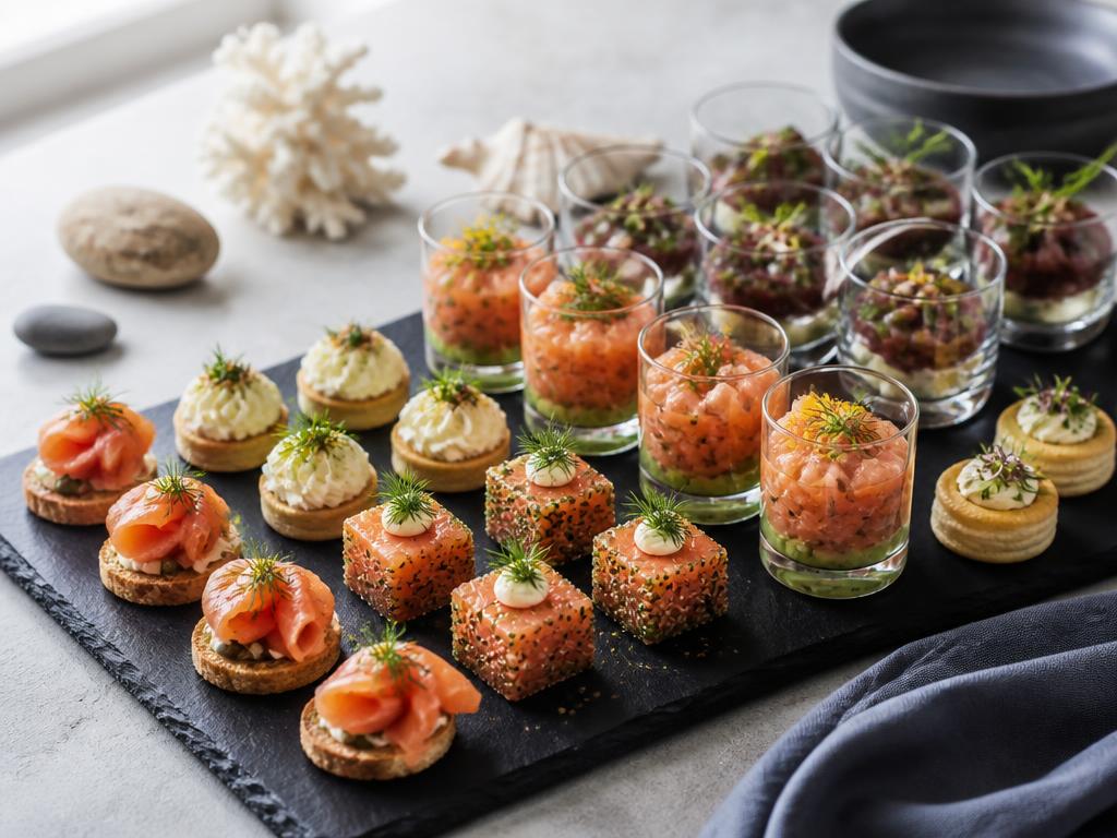 Canapés au saumon fumé et verrines de tartare dressés sur ardoise