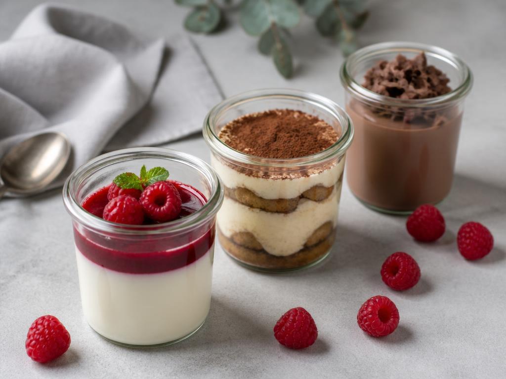 Panna cotta aux fruits rouges, tiramisu et mousse au chocolat en bocaux de verre