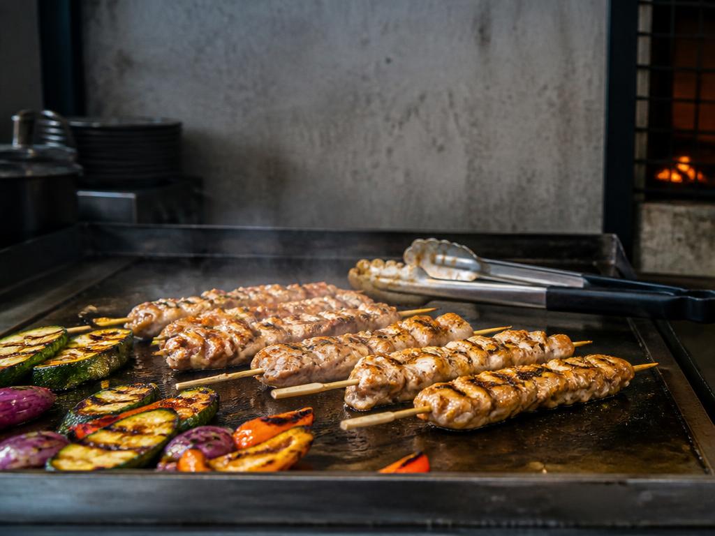 Brochettes de volaille marinée et légumes grillés sur une plancha
