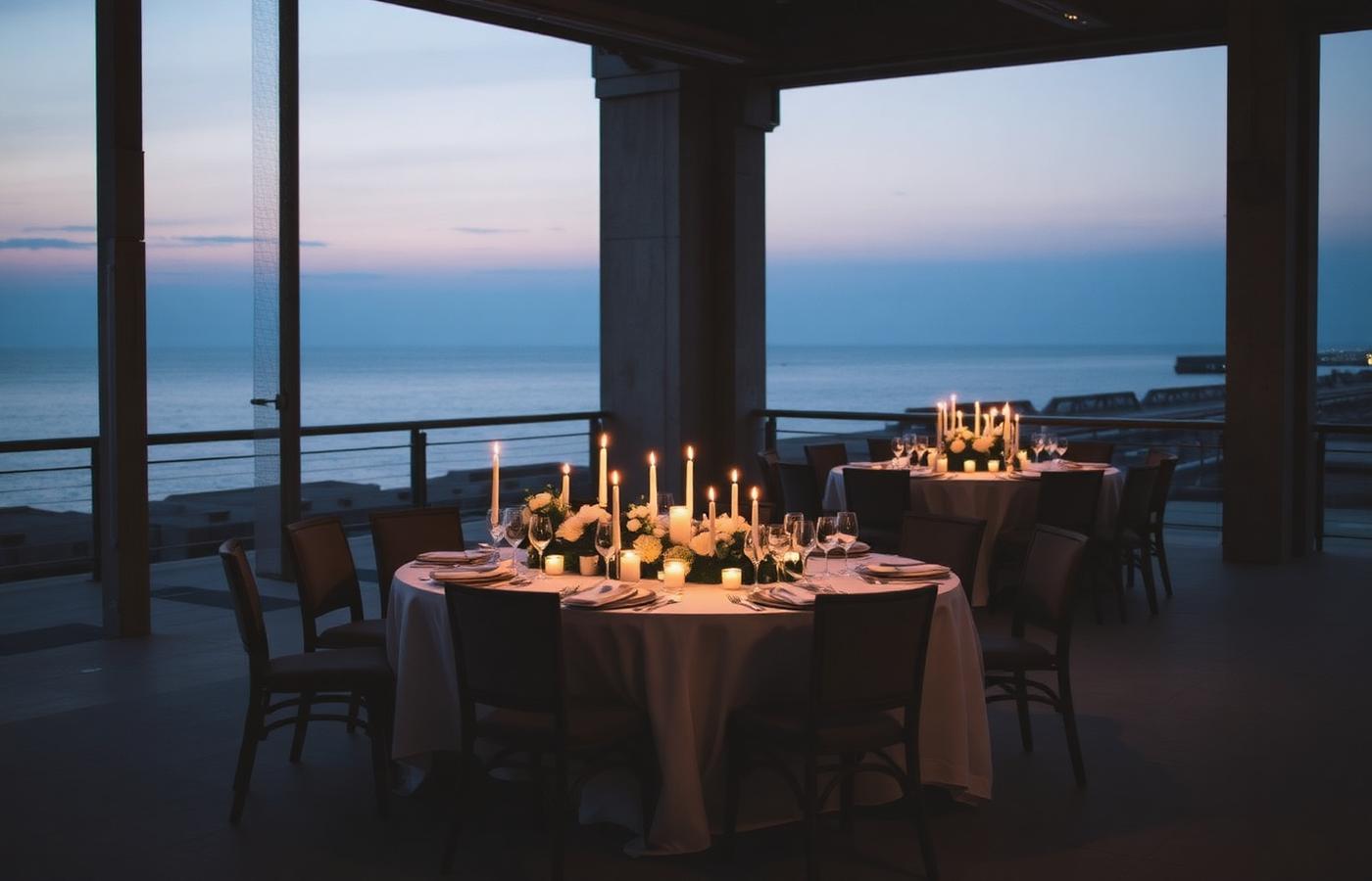 Table de mariage dressée face à la mer au crépuscule
