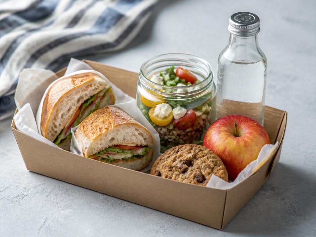 Sandwich baguette, salade en bocal, fruit et cookie dans un panier kraft