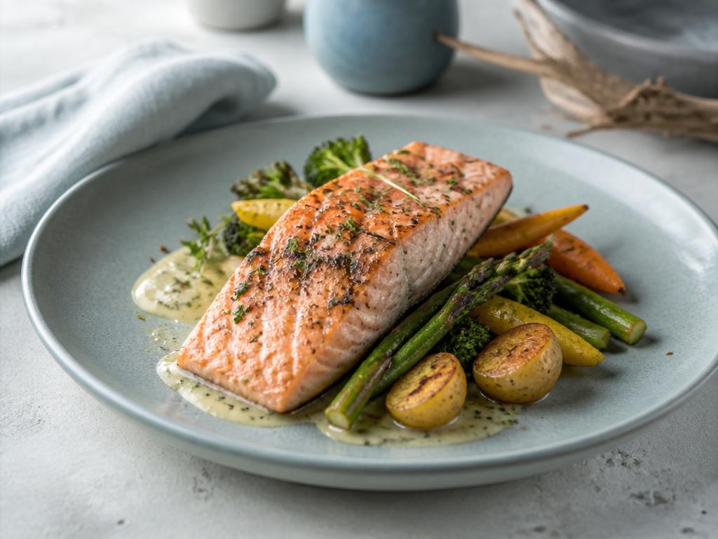 Darne de saumon bio grillée, légumes de saison et sauce à l'aneth